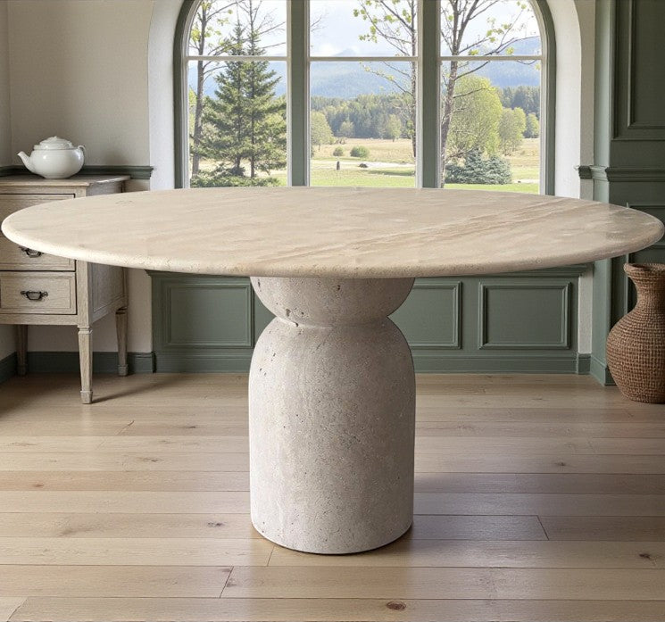 Beige Travertine Round Dining Table – Hourglass Pedestal Base, Natural Stone Statement Table