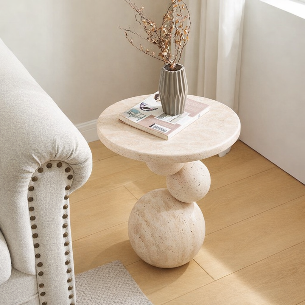 Travertine Sphere Side Table – Handmade Stone Accent Table, Modern Sculptural End Table