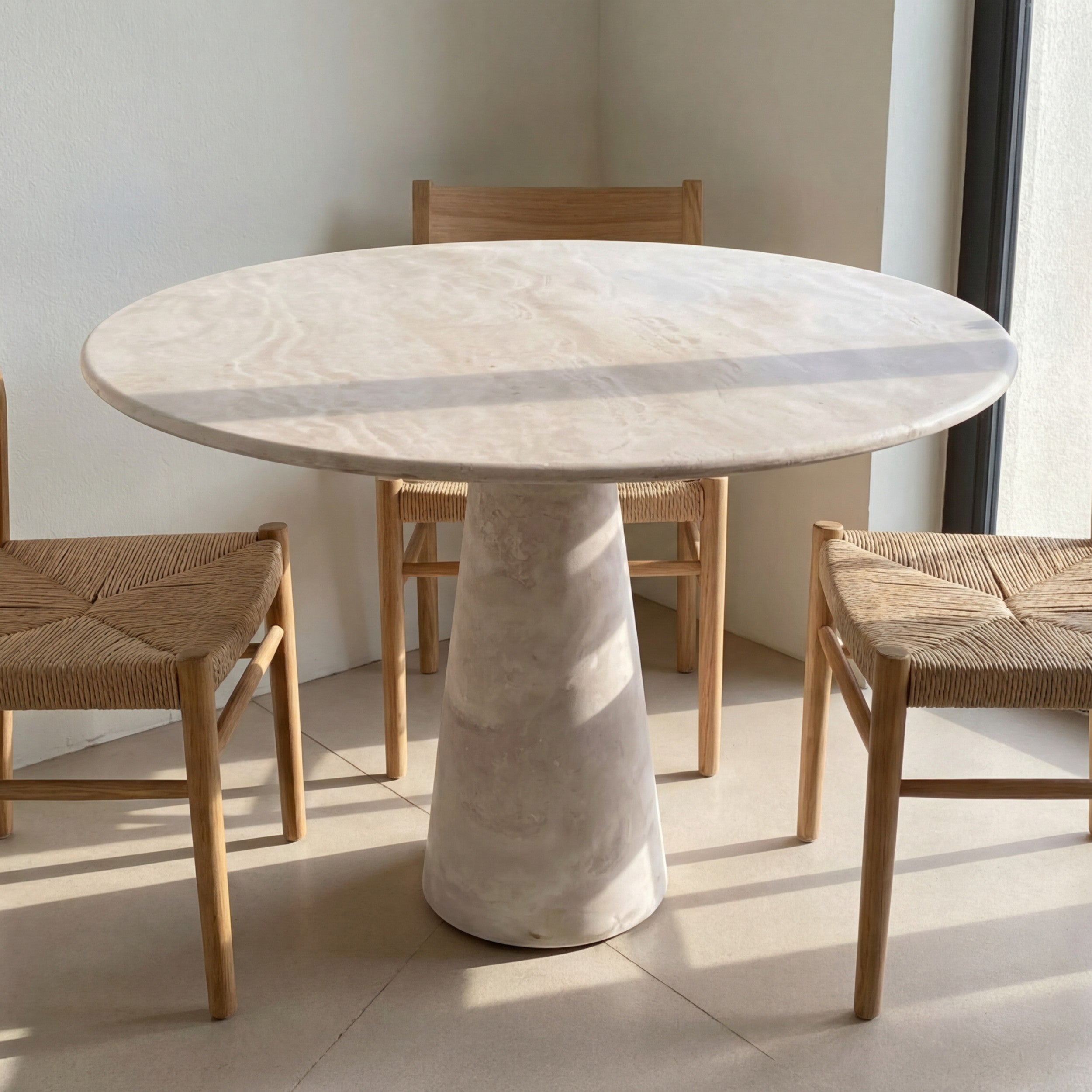 Round Beige Travertine Dining Table – Sculptural Pedestal Base, Minimalist Luxury Stone Table