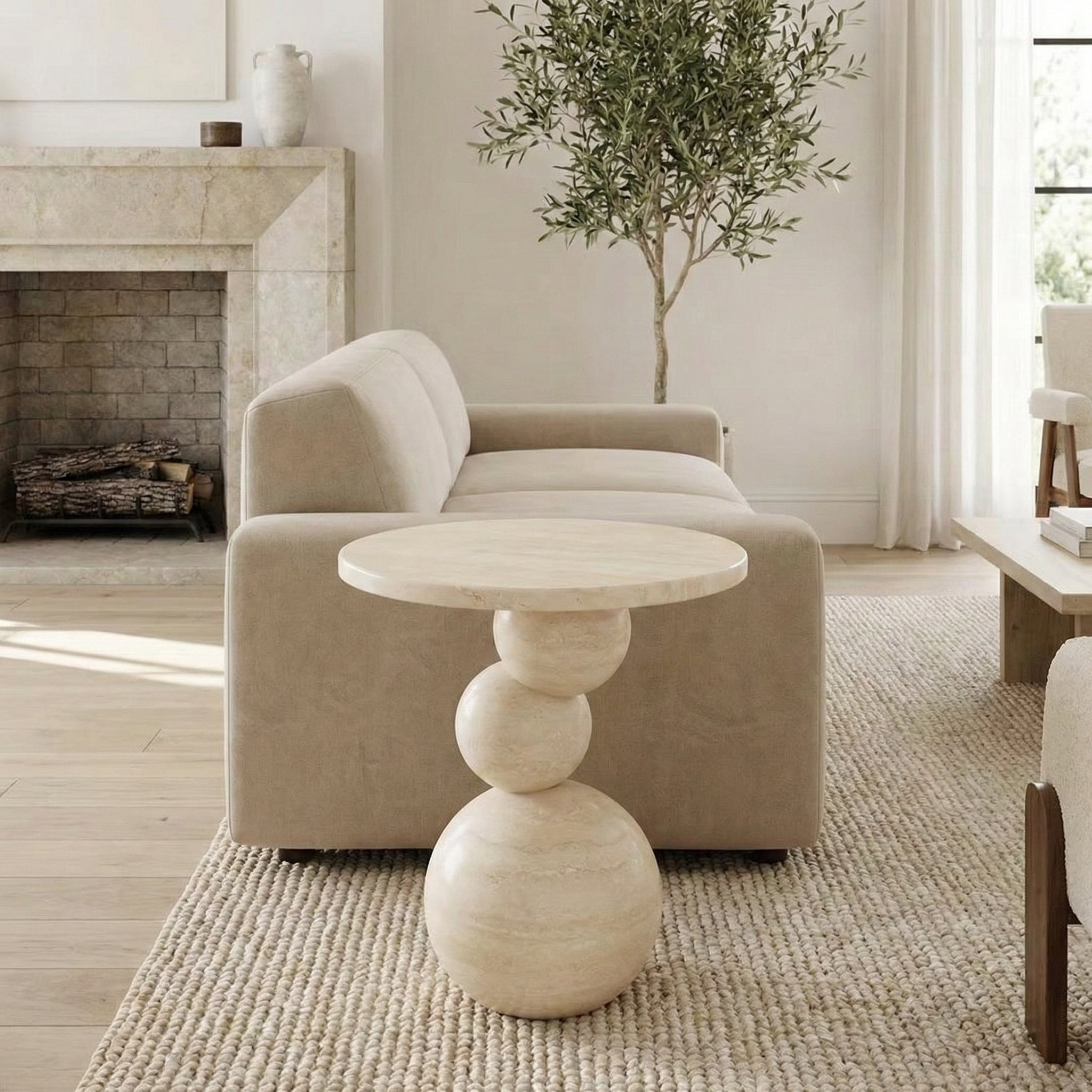 Travertine Sphere Side Table – Handmade Stone Accent Table, Modern Sculptural End Table