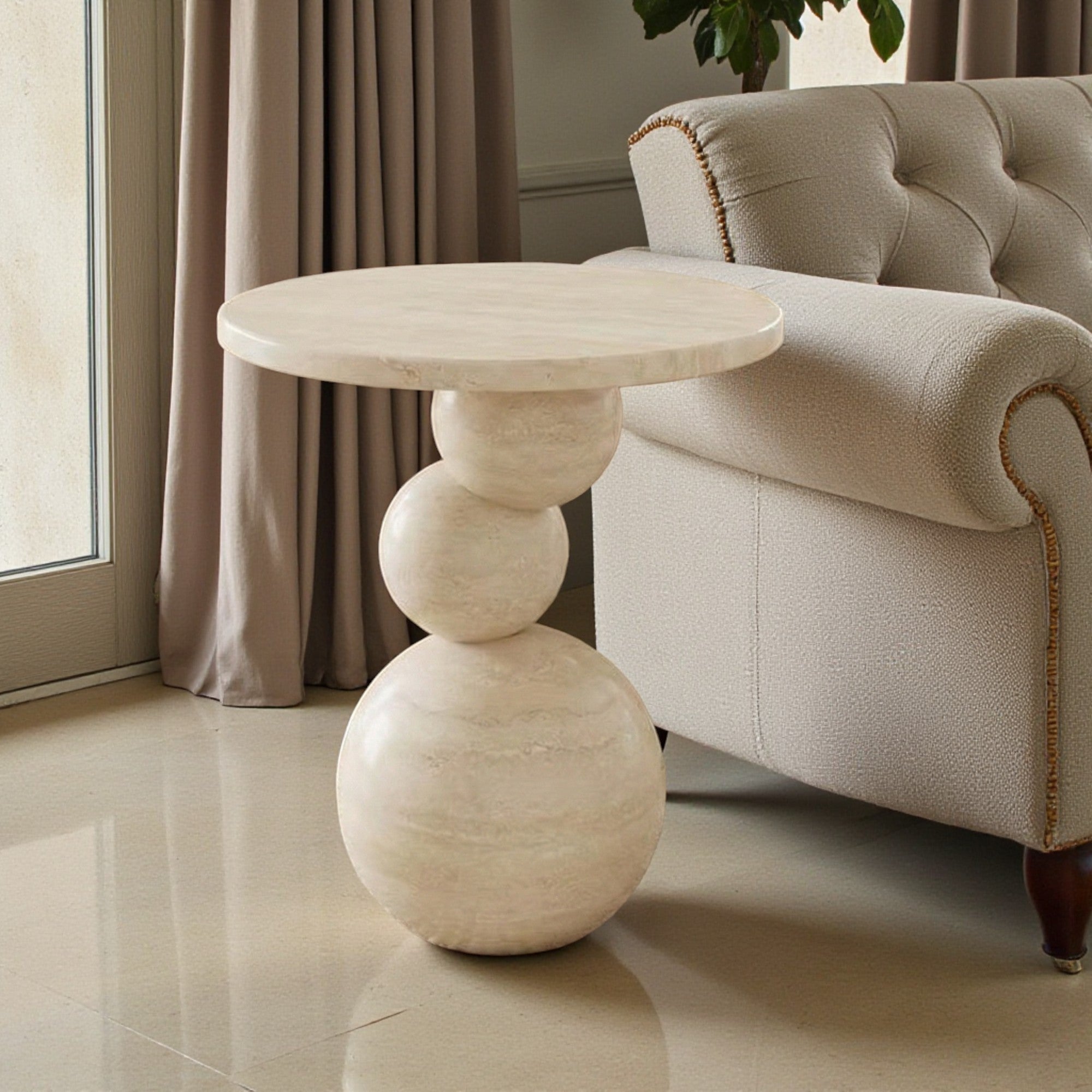 Travertine Sphere Side Table – Handmade Stone Accent Table, Modern Sculptural End Table