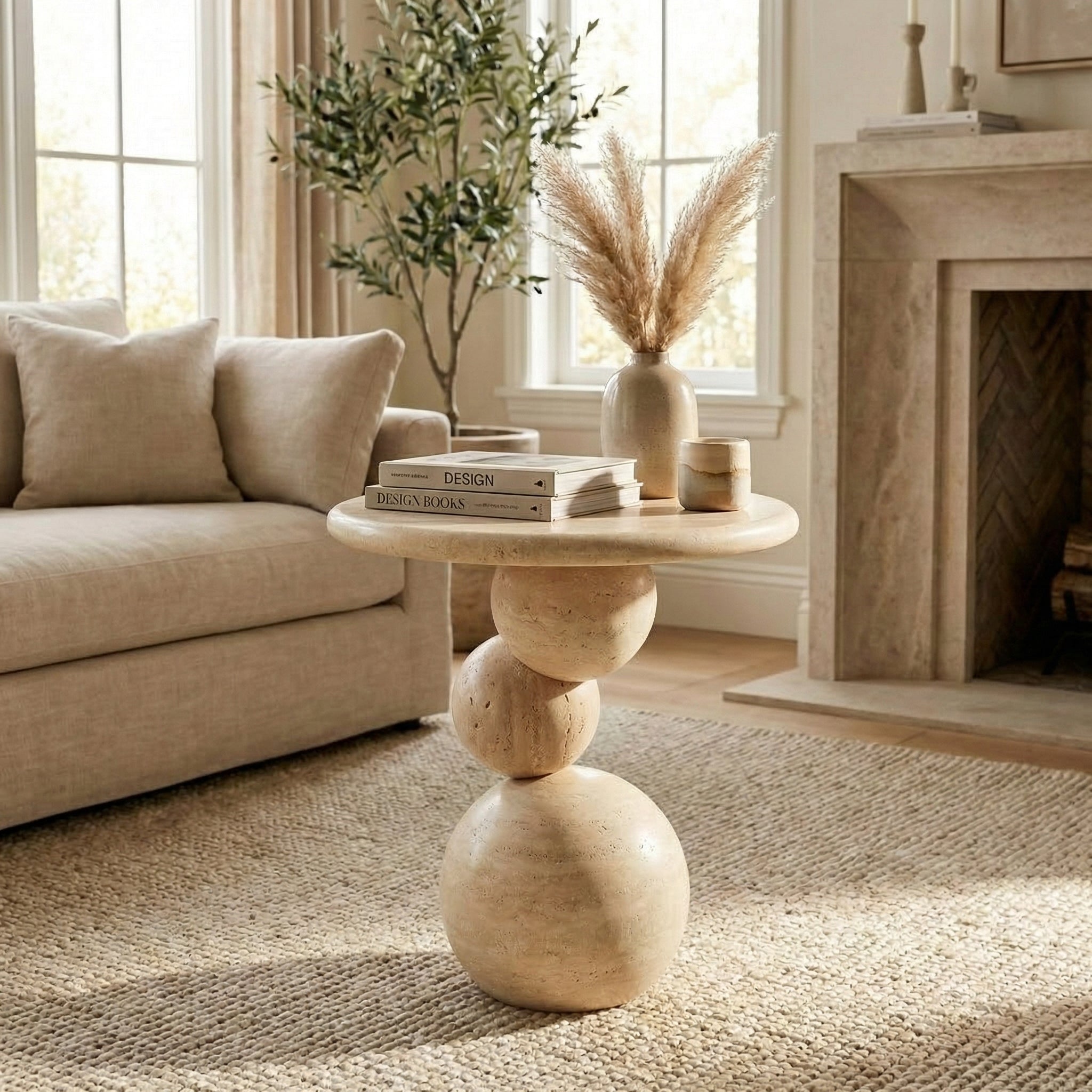 Travertine Sphere Side Table – Handmade Stone Accent Table, Modern Sculptural End Table