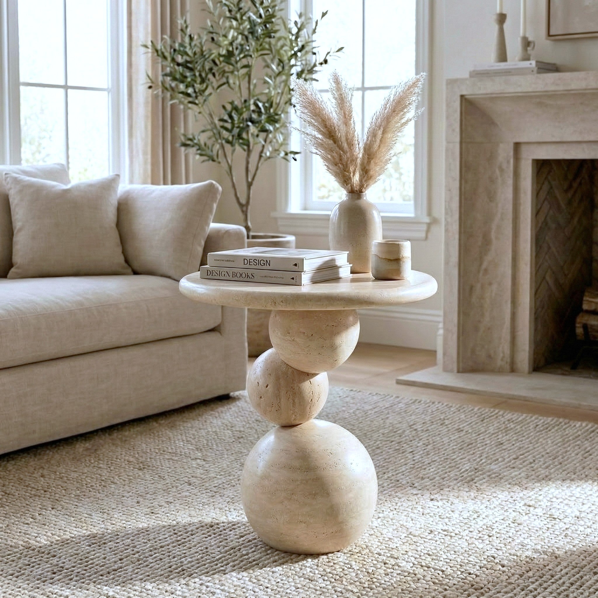 Travertine Sphere Side Table – Handmade Stone Accent Table, Modern Sculptural End Table