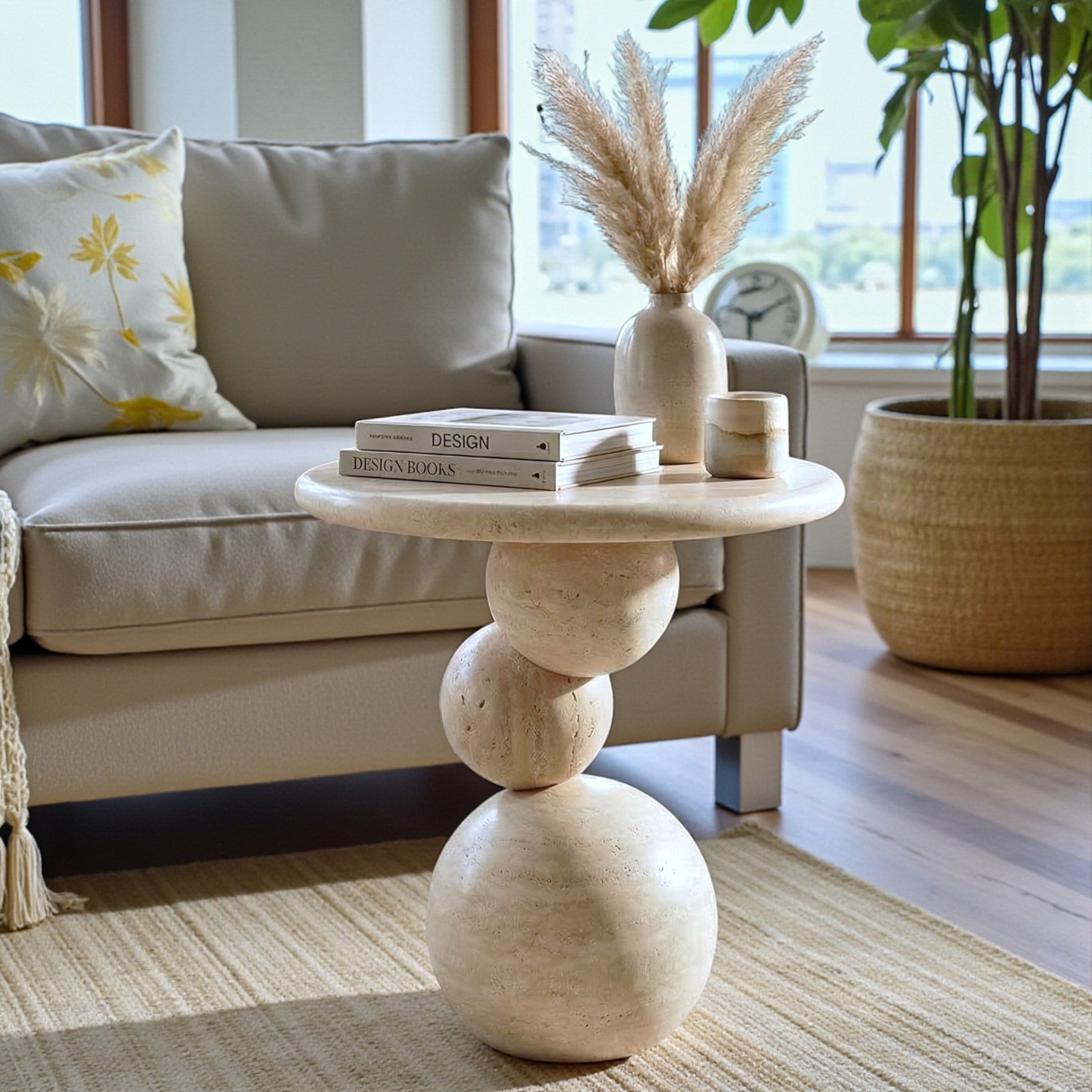 Travertine Sphere Side Table – Handmade Stone Accent Table, Modern Sculptural End Table