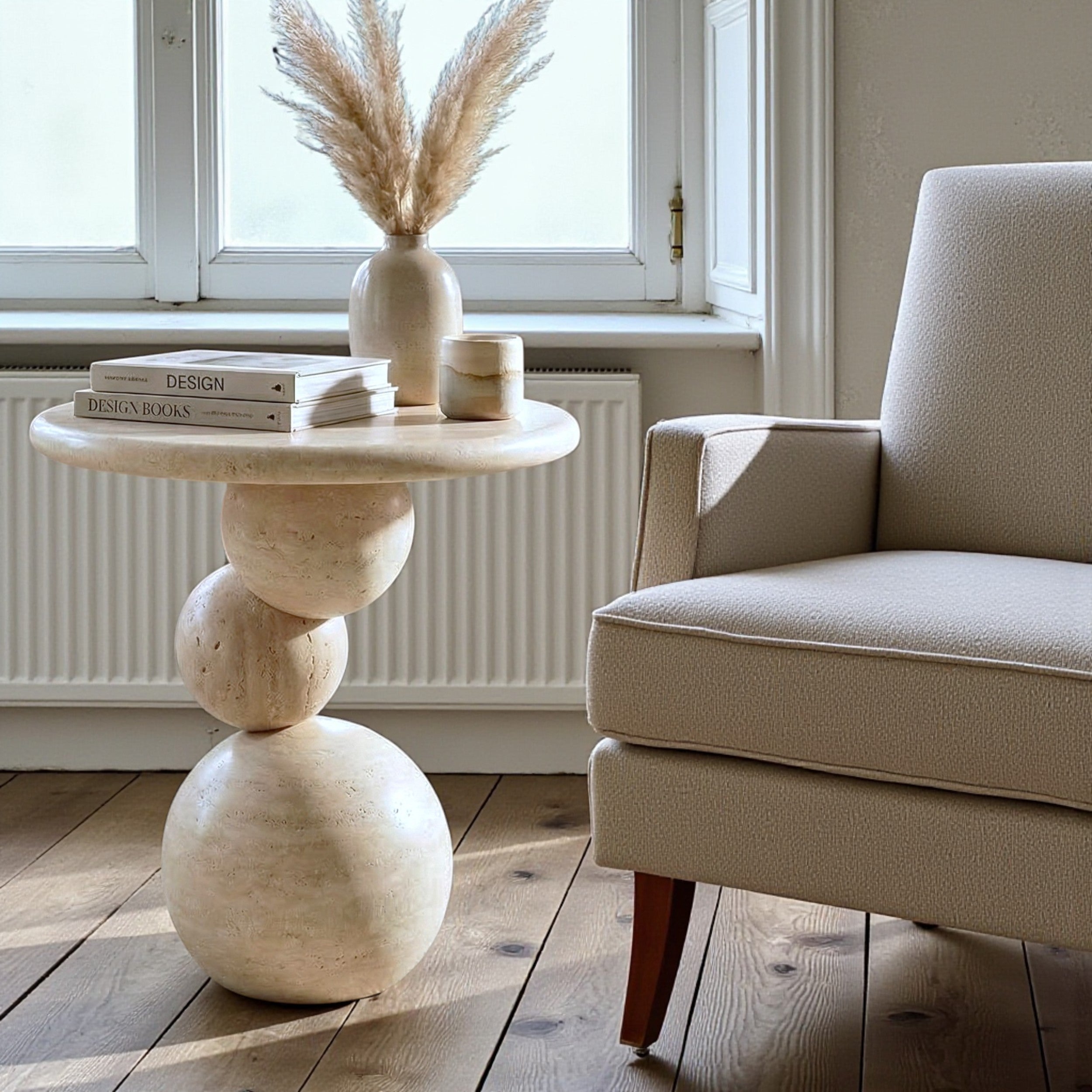 Travertine Sphere Side Table – Handmade Stone Accent Table, Modern Sculptural End Table