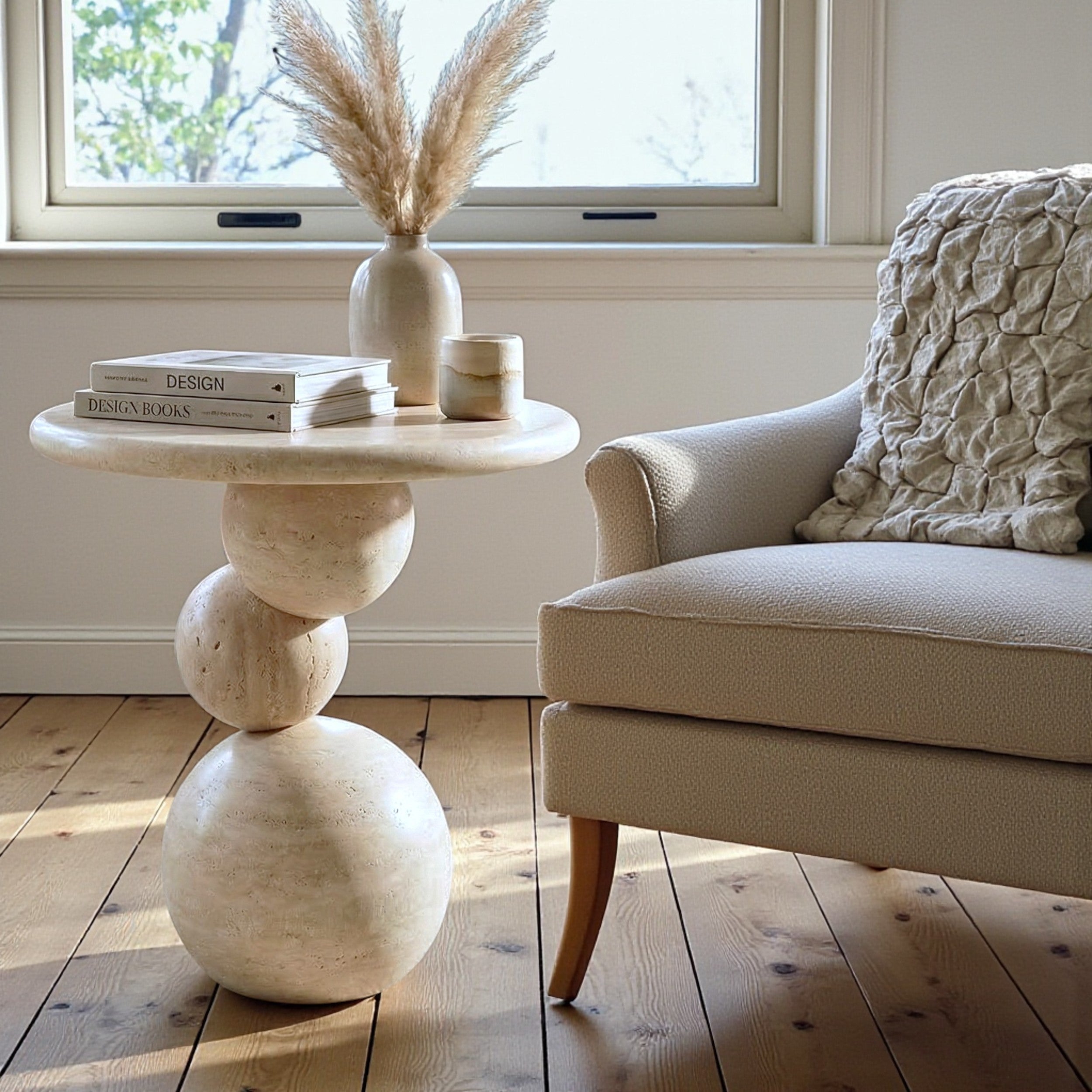 Travertine Sphere Side Table – Handmade Stone Accent Table, Modern Sculptural End Table