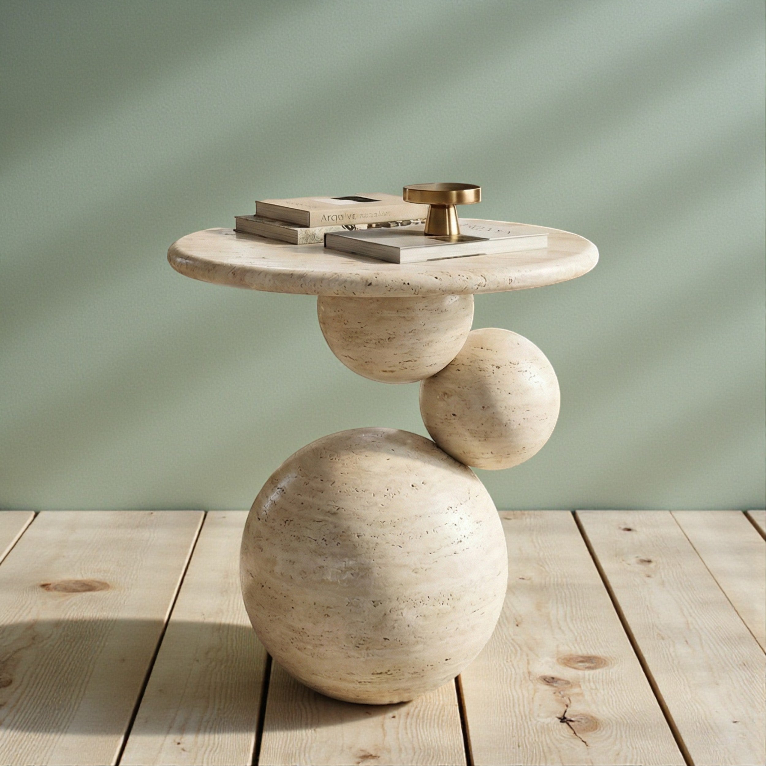 Travertine Sphere Side Table – Handmade Stone Accent Table, Modern Sculptural End Table