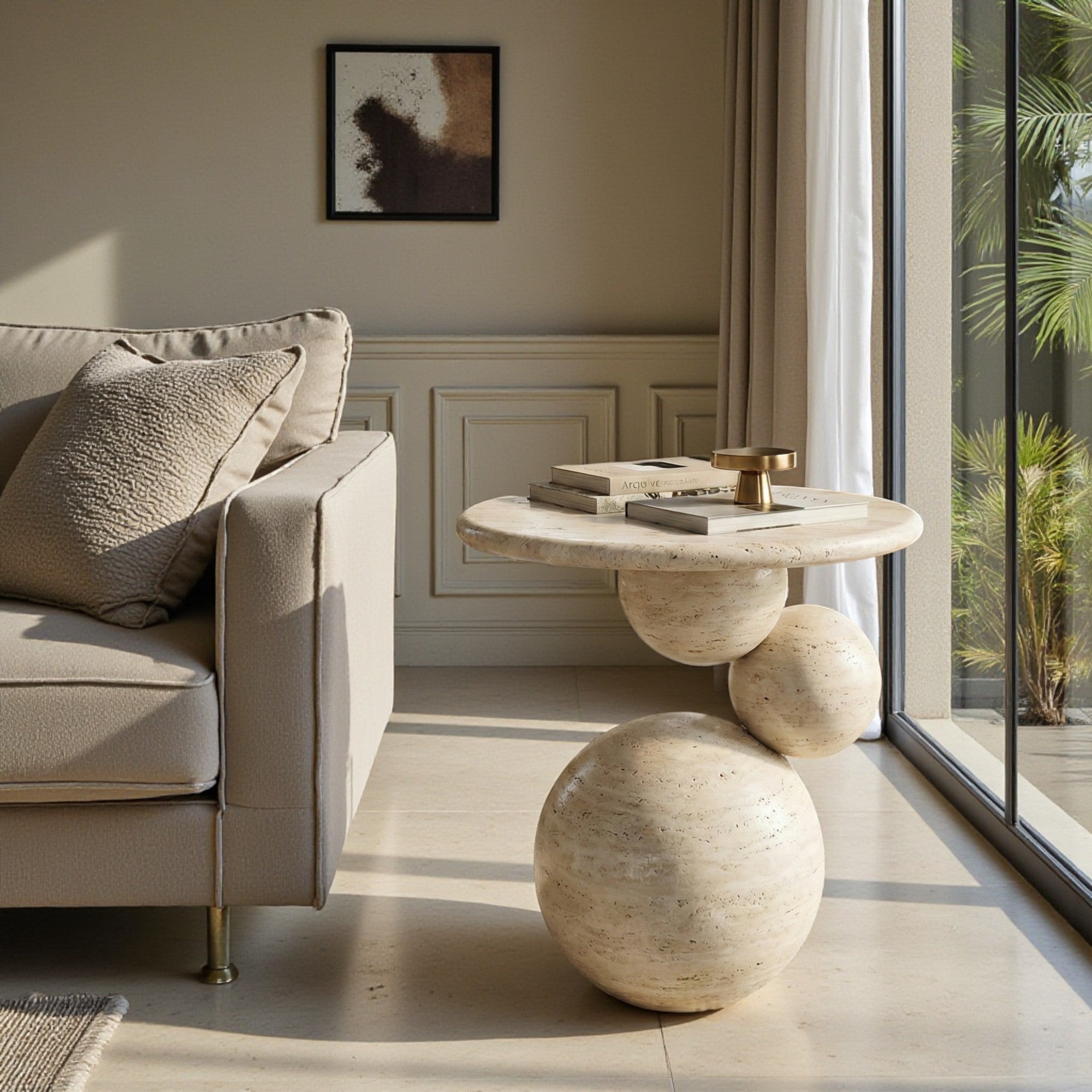 Travertine Sphere Side Table – Handmade Stone Accent Table, Modern Sculptural End Table