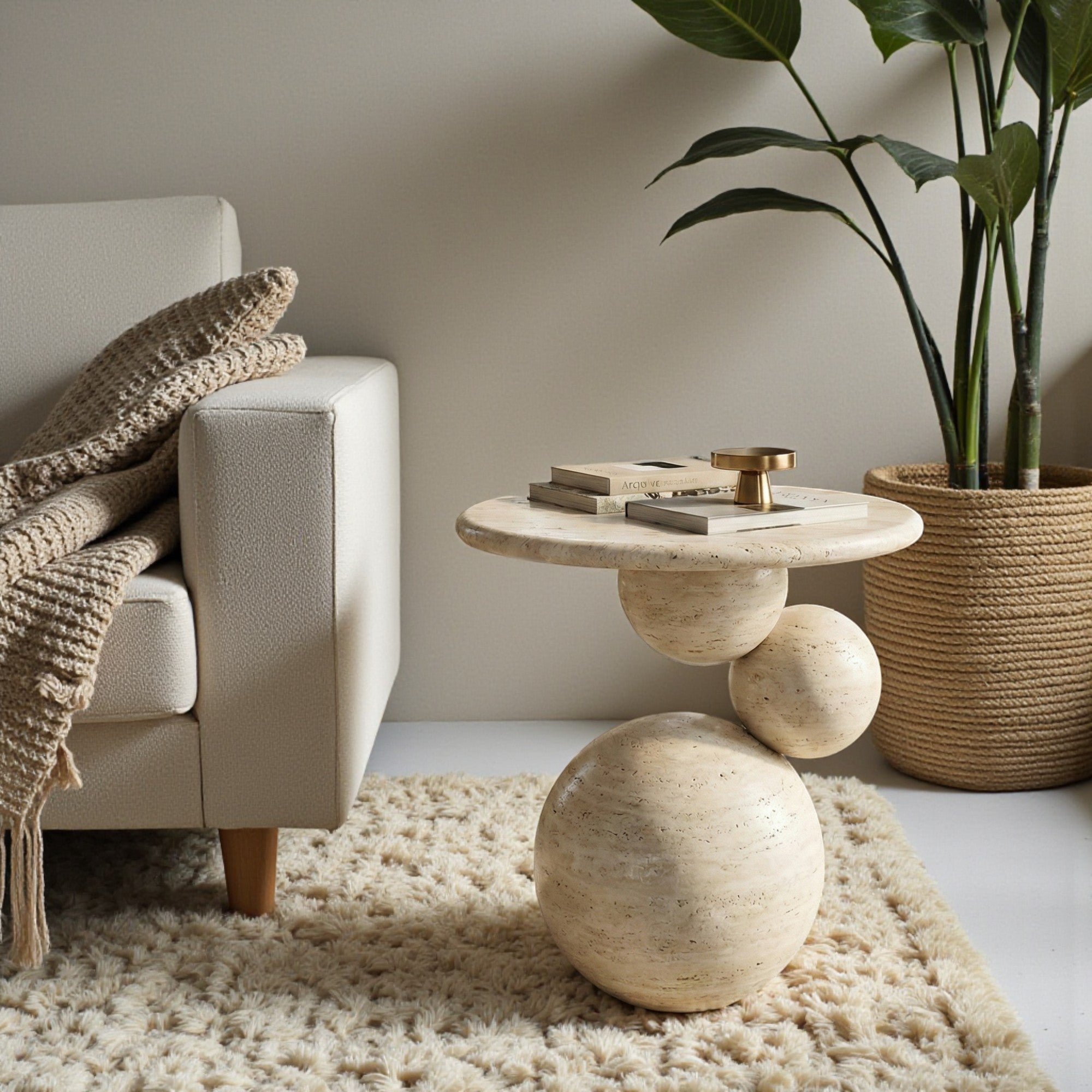 Travertine Sphere Side Table – Handmade Stone Accent Table, Modern Sculptural End Table