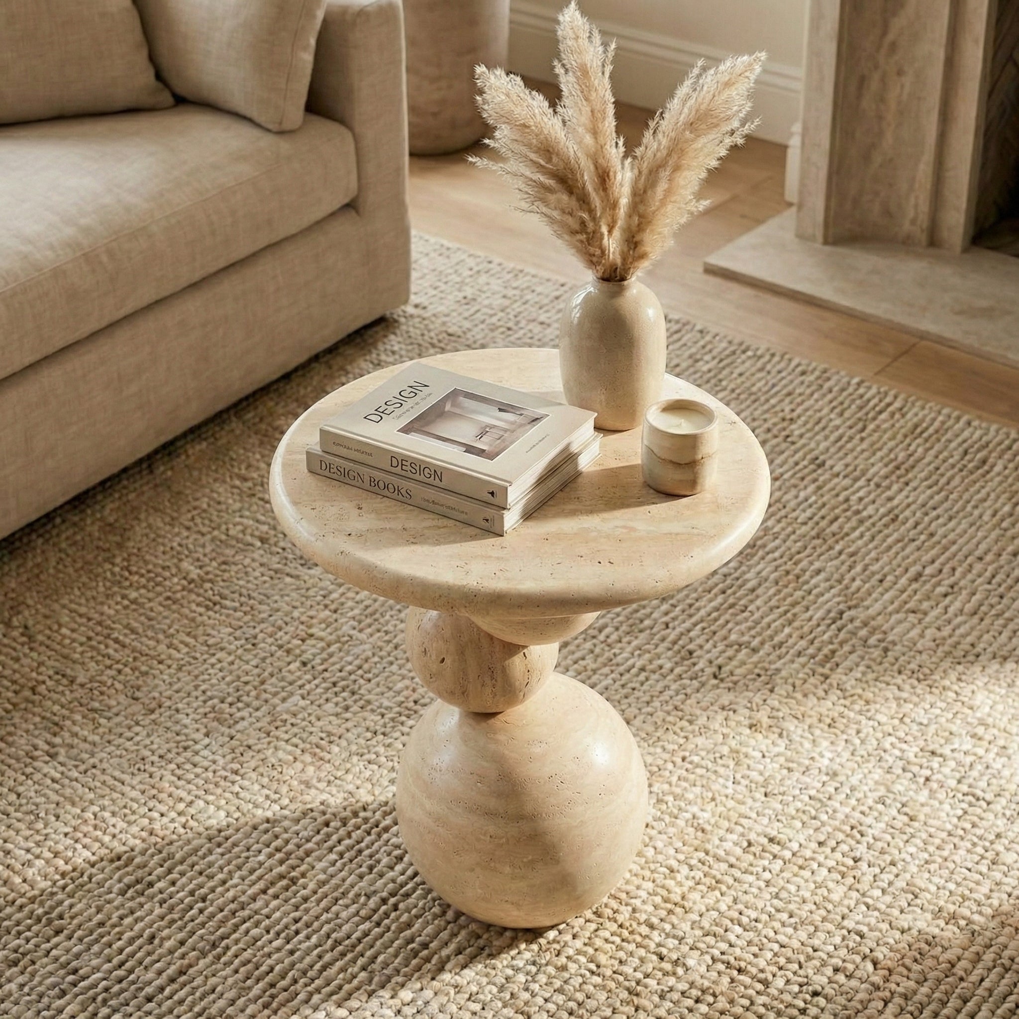 Travertine Sphere Side Table – Handmade Stone Accent Table, Modern Sculptural End Table