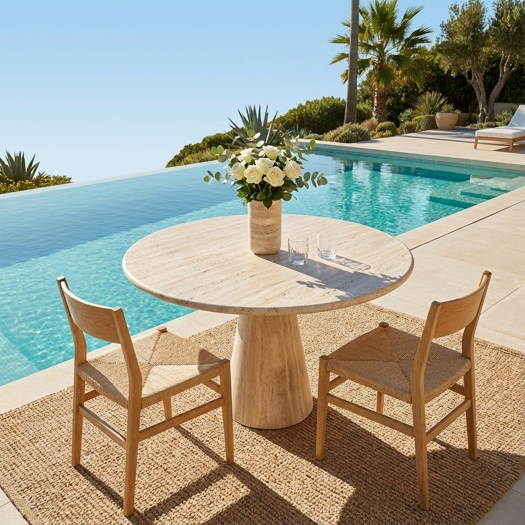 Round Beige Travertine Dining Table – Sculptural Pedestal Base, Minimalist Luxury Stone Table