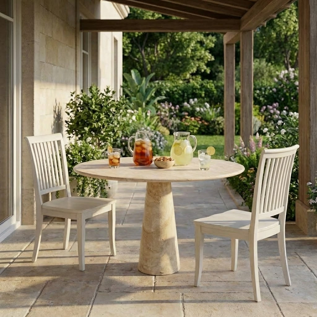 Round Beige Travertine Dining Table – Sculptural Pedestal Base, Minimalist Luxury Stone Table