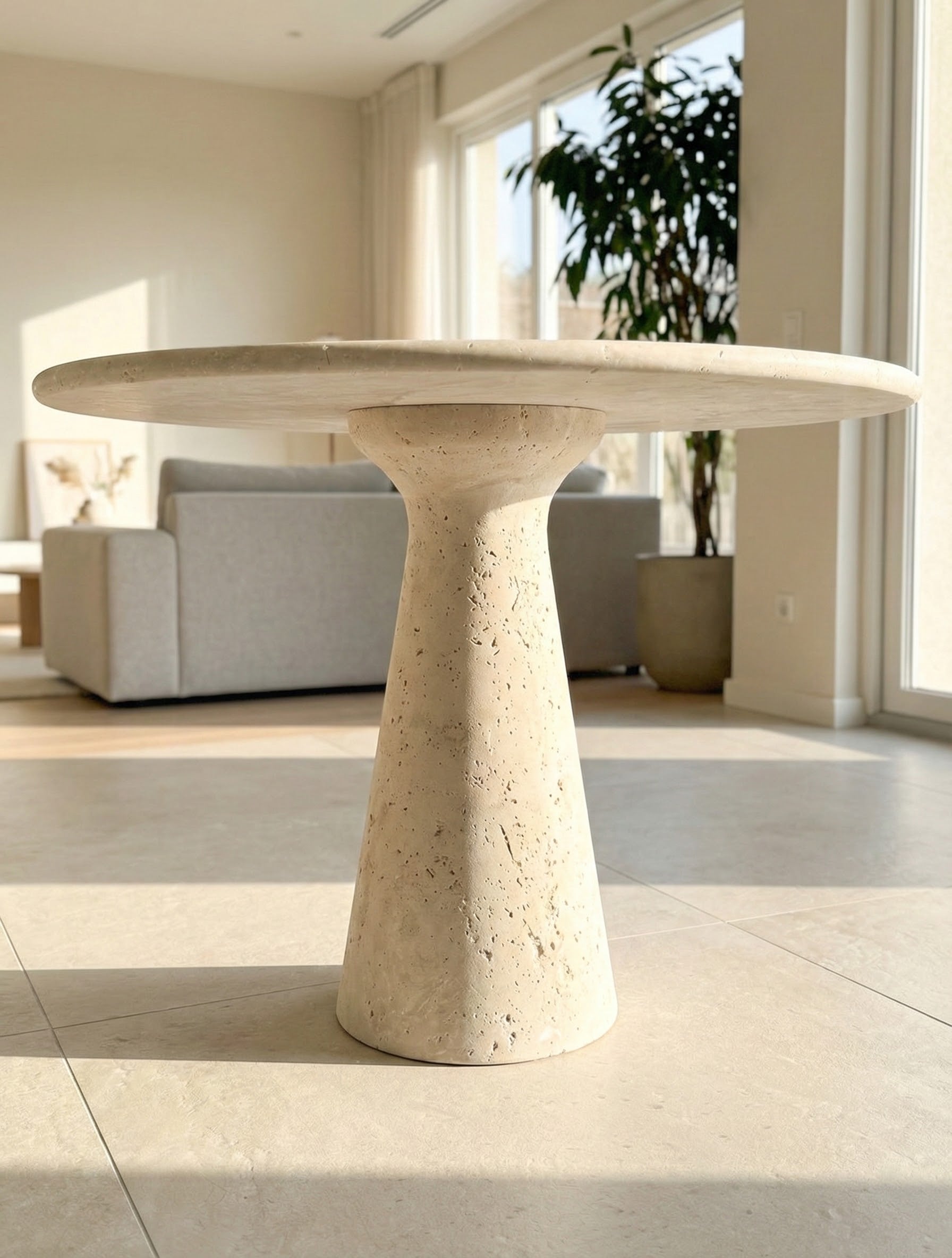 Round Beige Travertine Dining Table – Sculptural Pedestal Base, Minimalist Luxury Stone Table