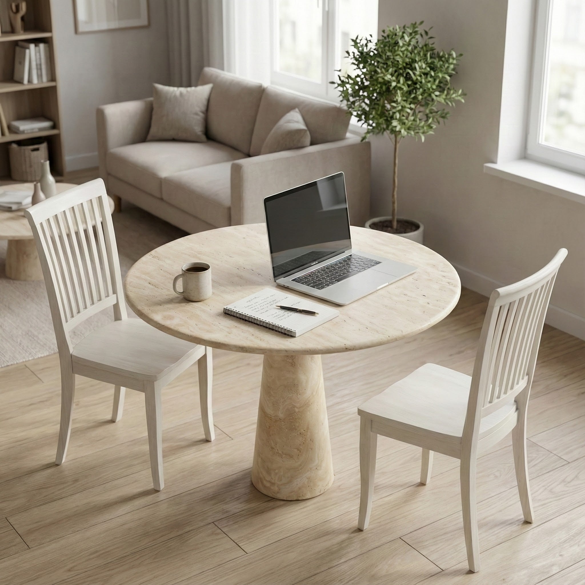 Round Beige Travertine Dining Table – Sculptural Pedestal Base, Minimalist Luxury Stone Table