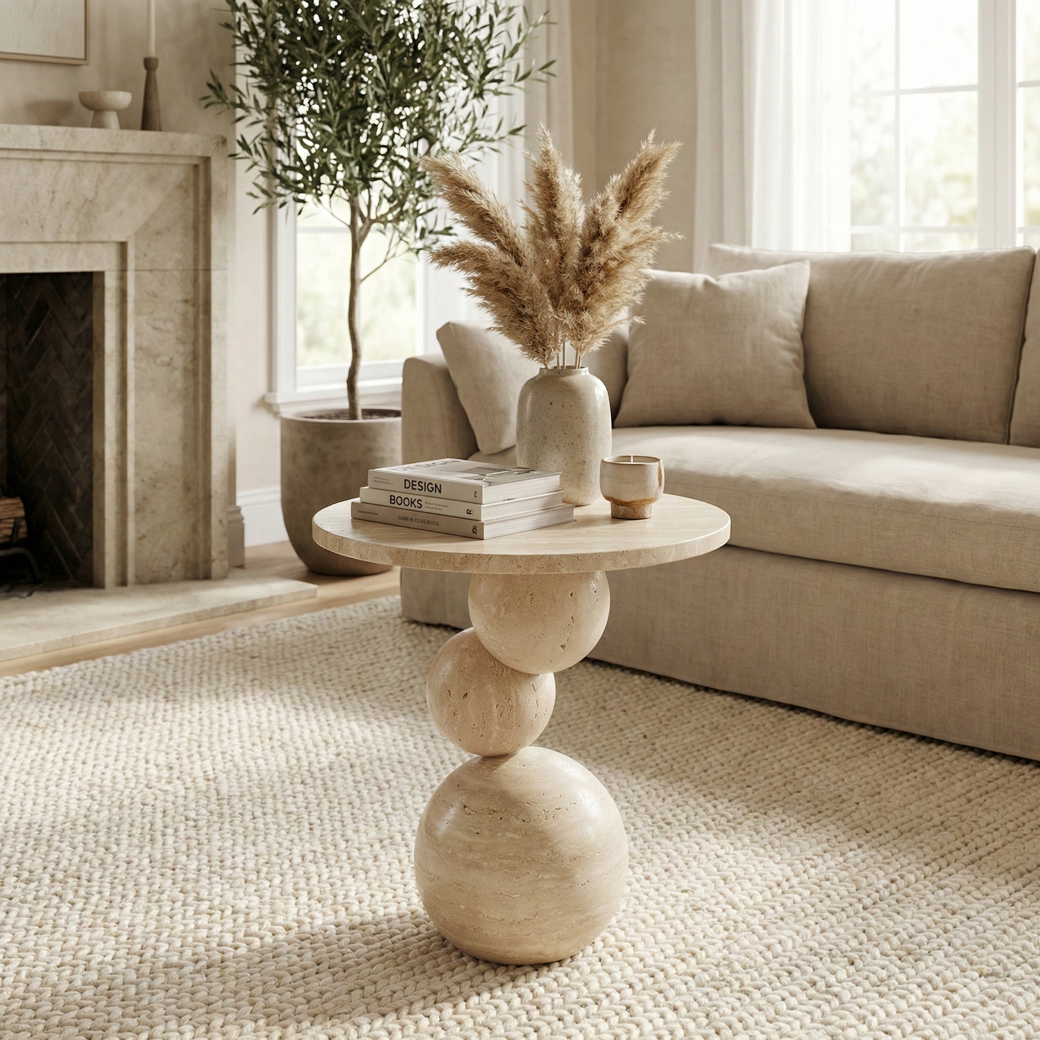 Travertine Sphere Side Table – Handmade Stone Accent Table, Modern Sculptural End Table