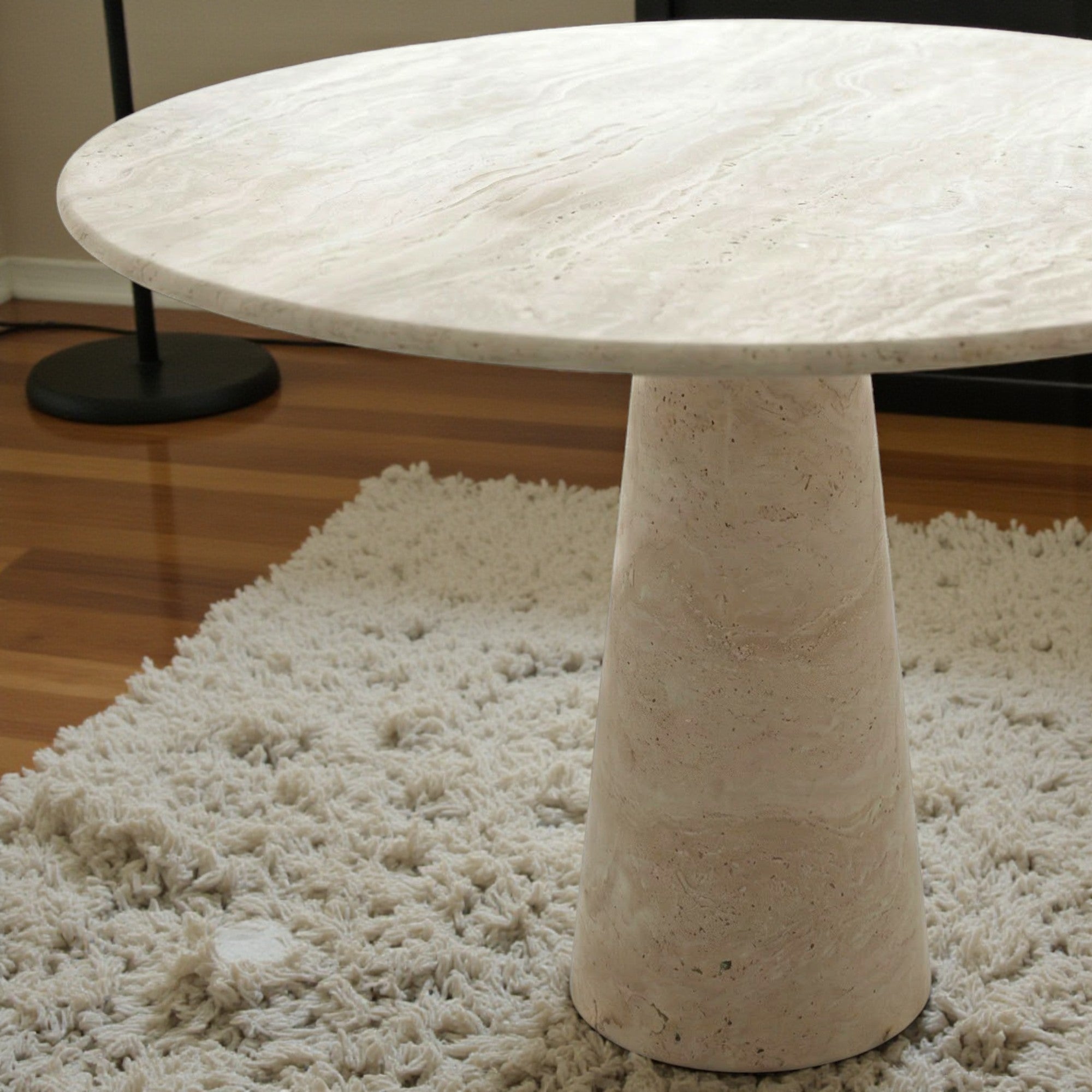 Round Beige Travertine Dining Table – Sculptural Pedestal Base, Minimalist Luxury Stone Table