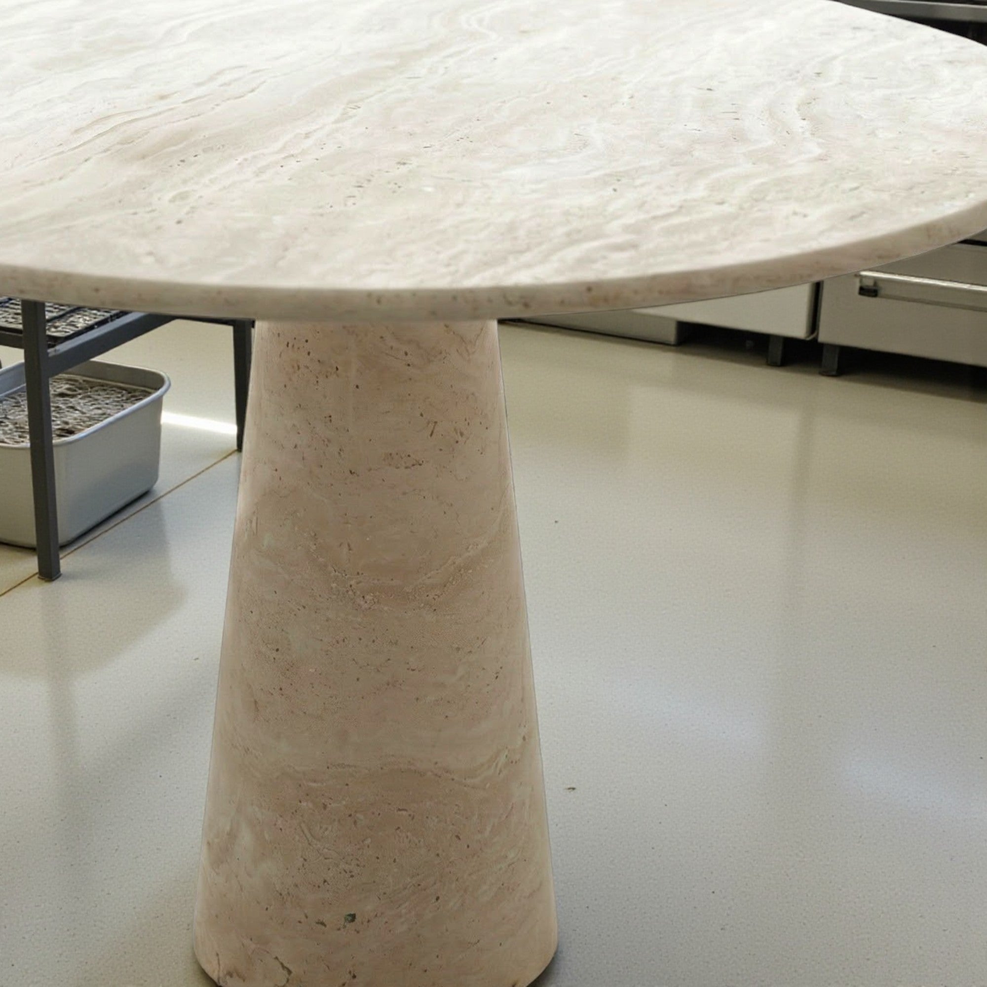 Round Beige Travertine Dining Table – Sculptural Pedestal Base, Minimalist Luxury Stone Table