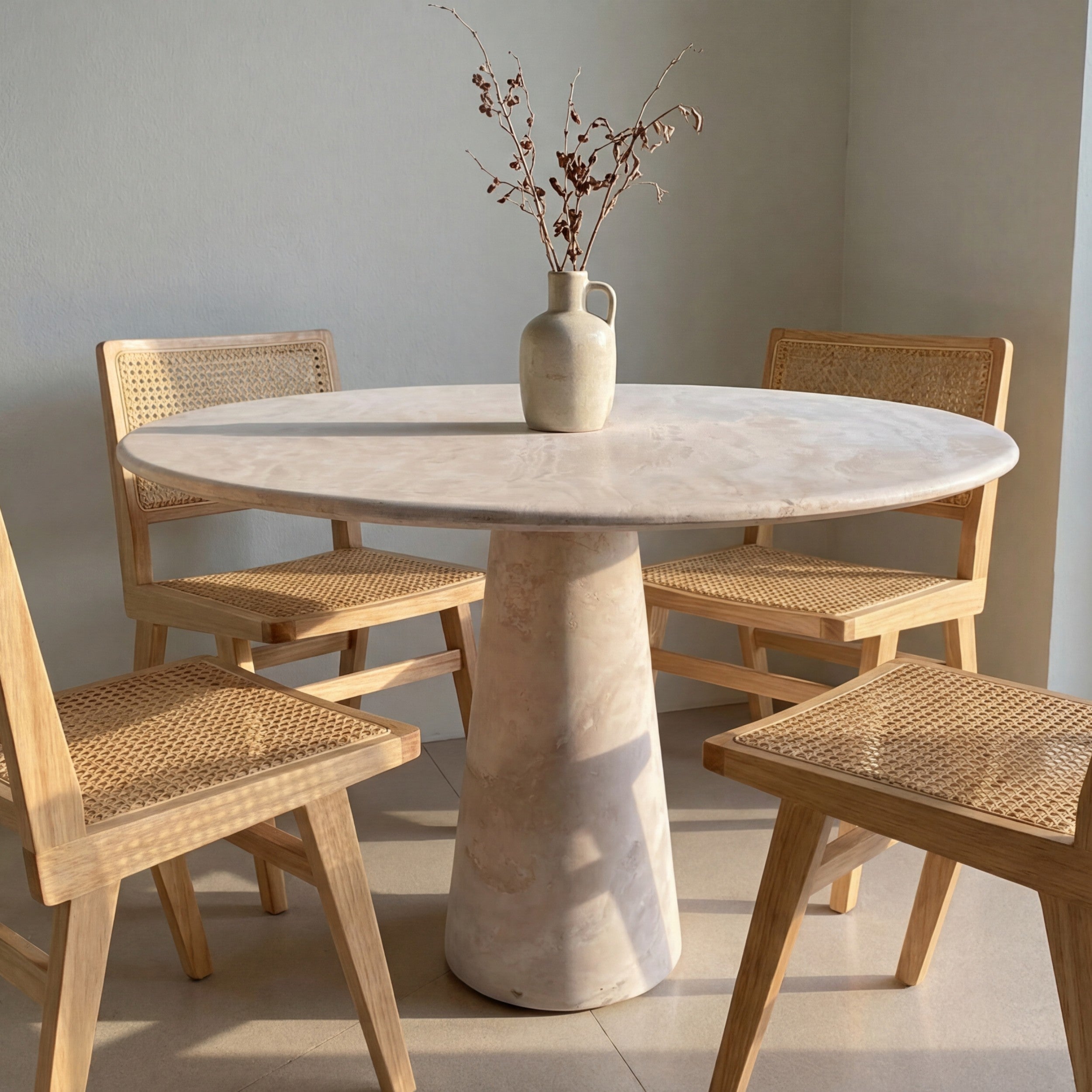 Round Beige Travertine Dining Table – Sculptural Pedestal Base, Minimalist Luxury Stone Table