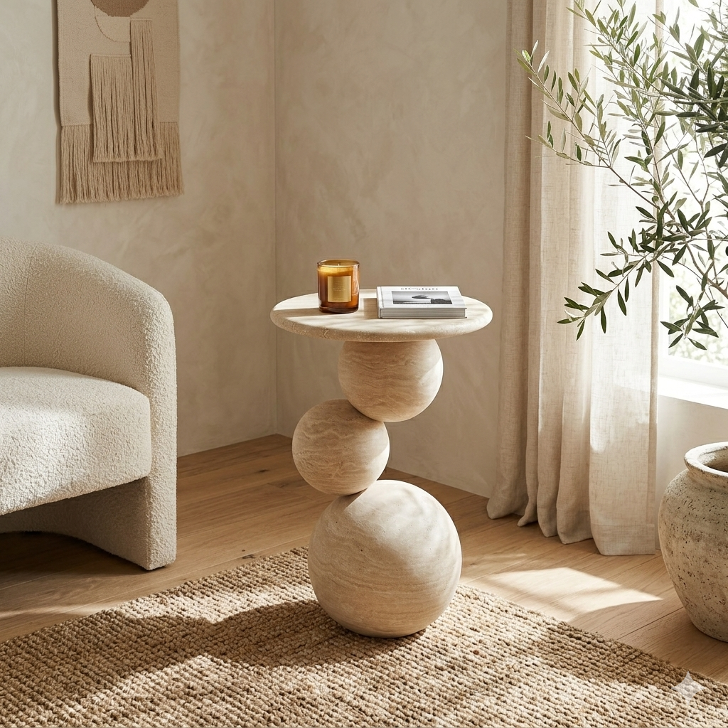 Travertine Sphere Side Table – Handmade Stone Accent Table, Modern Sculptural End Table