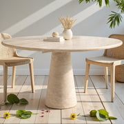 Round Beige Travertine Dining Table – Sculptural Pedestal Base, Minimalist Luxury Stone Table
