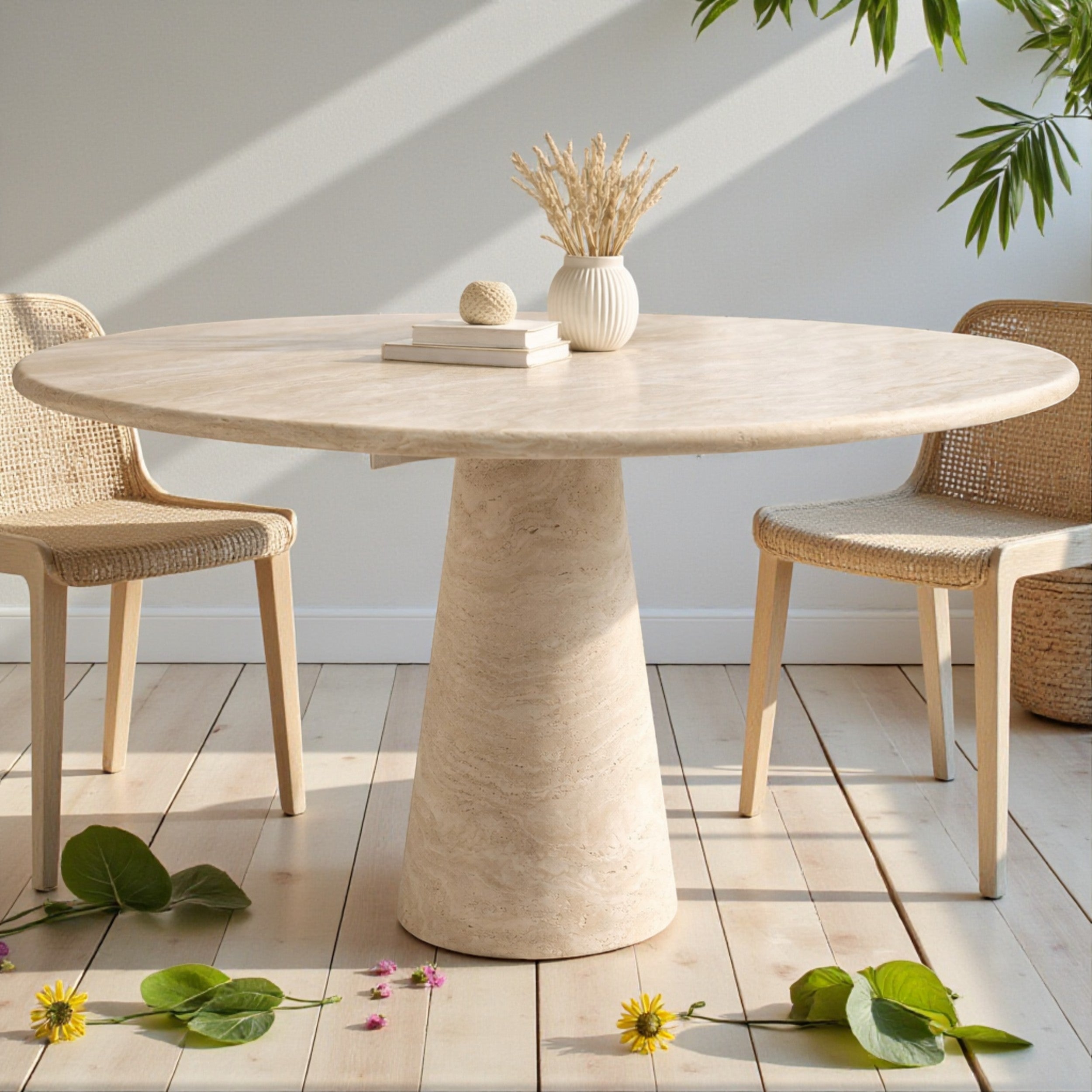 Round Beige Travertine Dining Table – Sculptural Pedestal Base, Minimalist Luxury Stone Table
