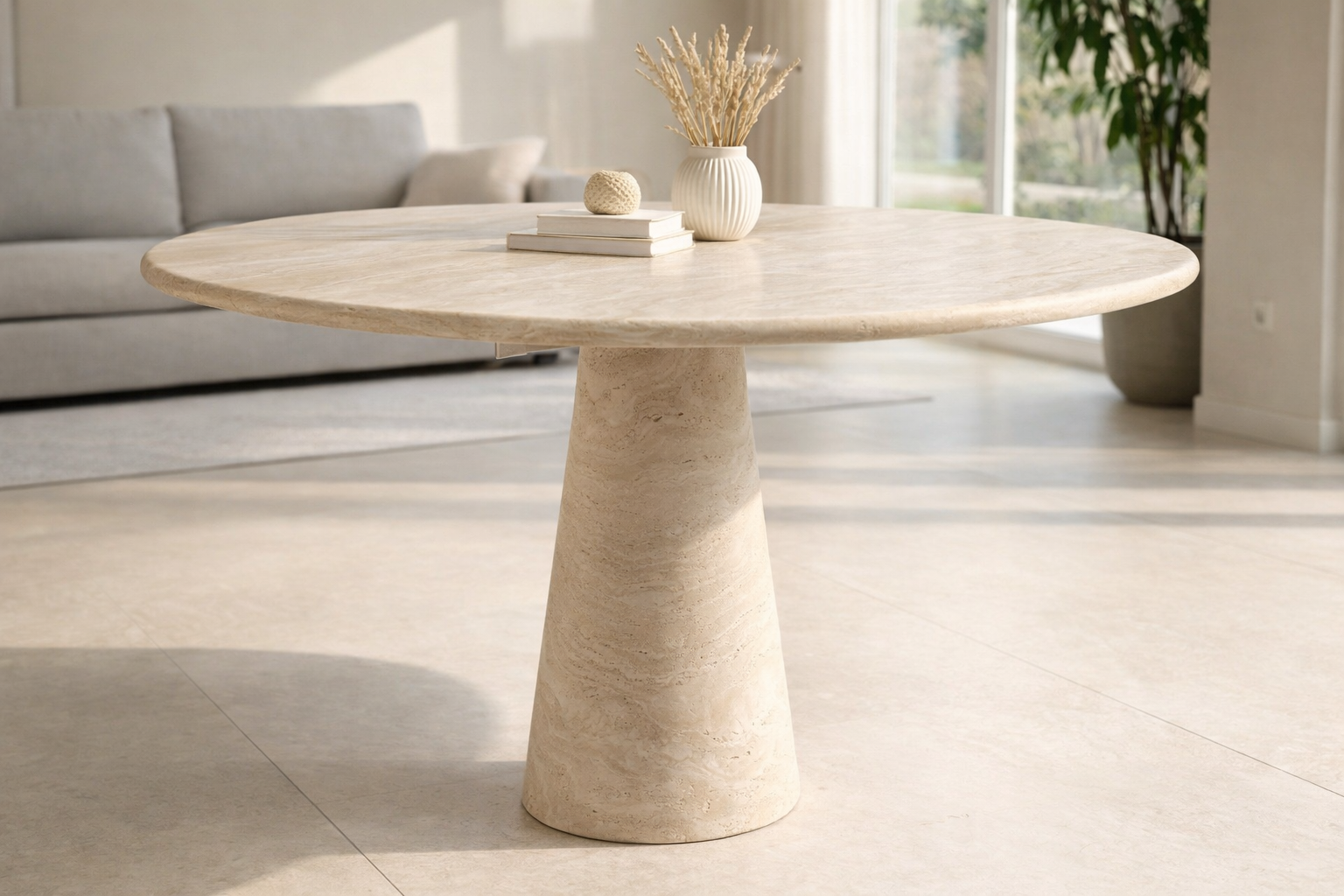 Round Beige Travertine Dining Table – Sculptural Pedestal Base, Minimalist Luxury Stone Table