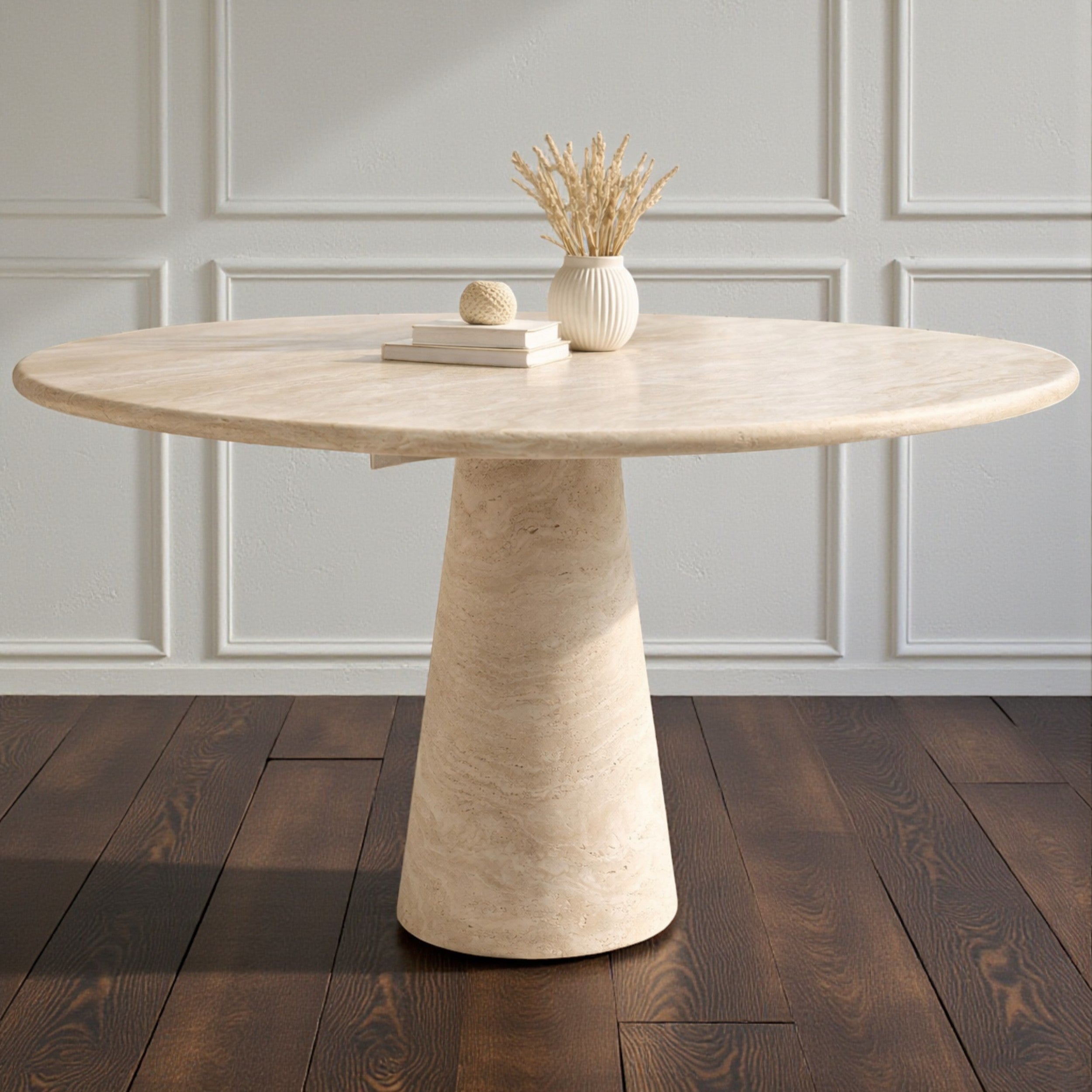 Round Beige Travertine Dining Table – Sculptural Pedestal Base, Minimalist Luxury Stone Table