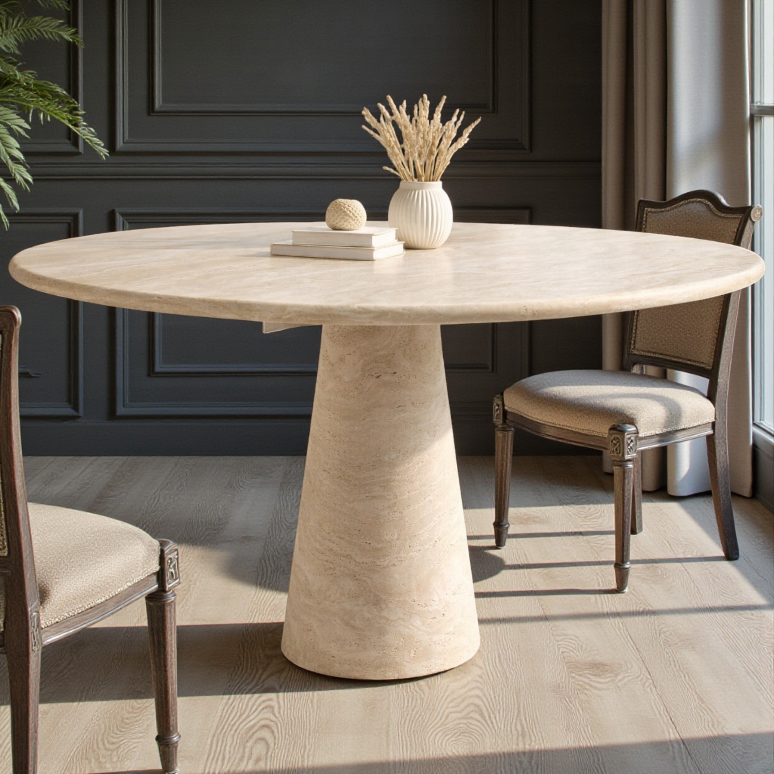 Round Beige Travertine Dining Table – Sculptural Pedestal Base, Minimalist Luxury Stone Table