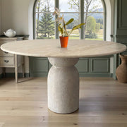 Beige Travertine Round Dining Table – Hourglass Pedestal Base, Natural Stone Statement Table