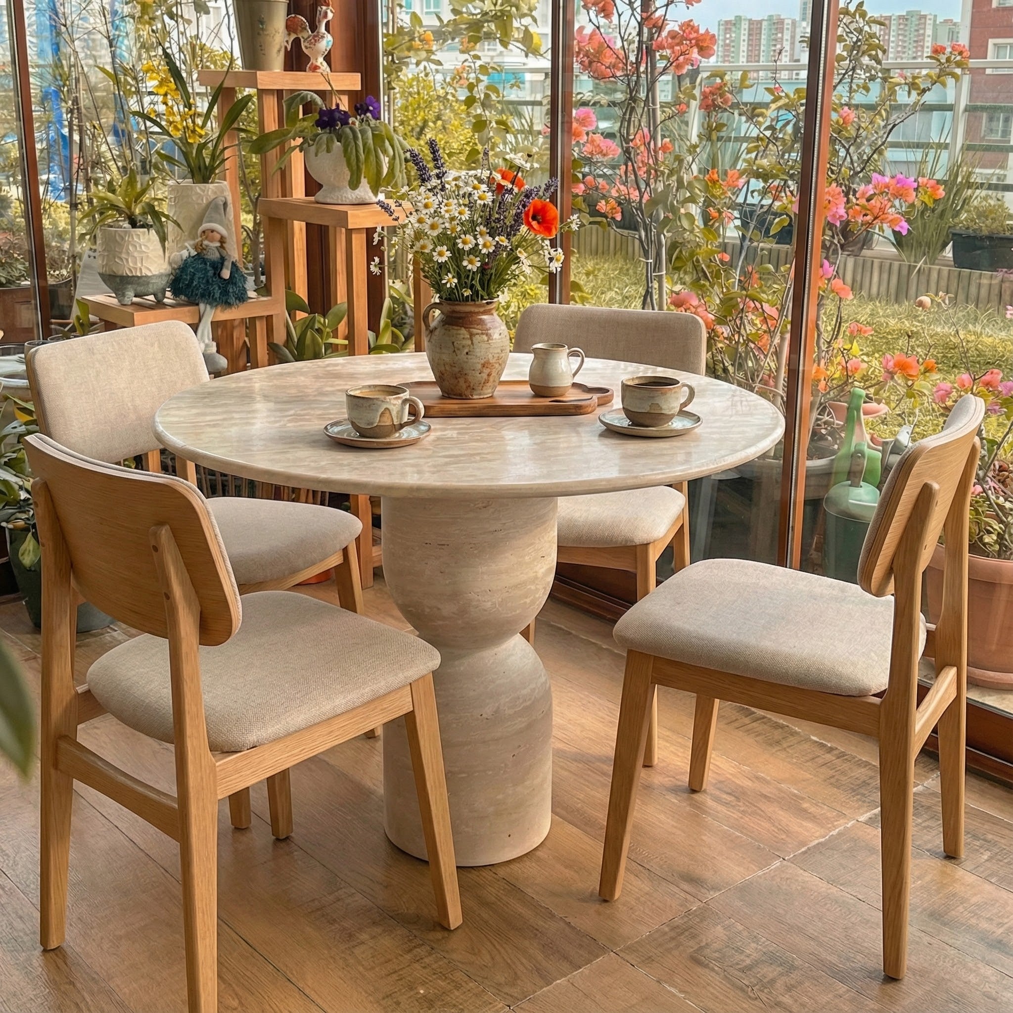 Beige Travertine Round Dining Table – Hourglass Pedestal Base, Natural Stone Statement Table