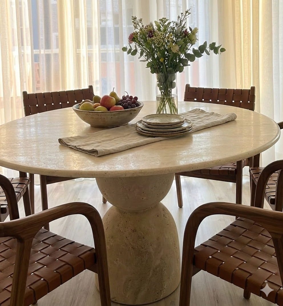Beige Travertine Round Dining Table – Hourglass Pedestal Base, Natural Stone Statement Table