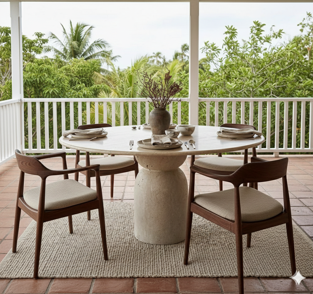 Beige Travertine Round Dining Table – Hourglass Pedestal Base, Natural Stone Statement Table