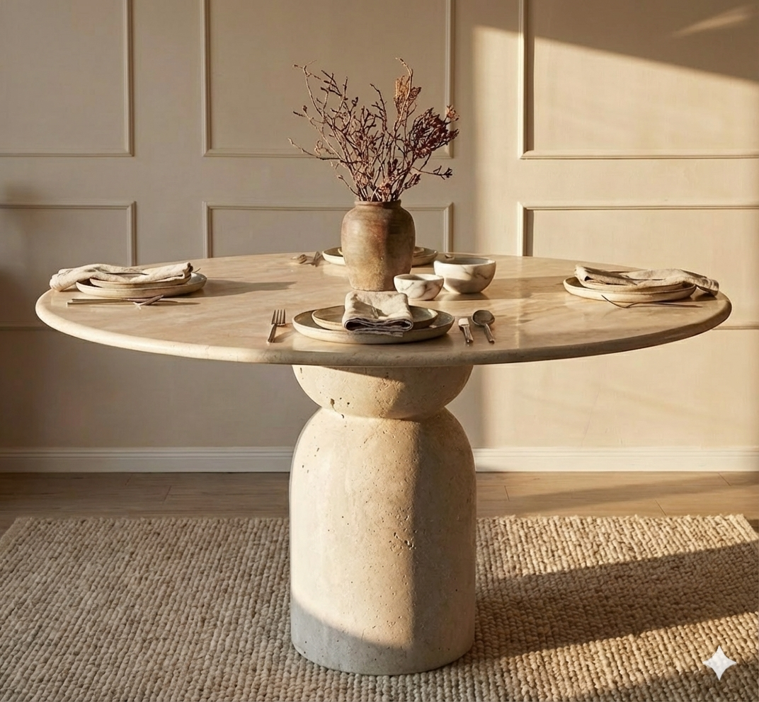 Beige Travertine Round Dining Table – Hourglass Pedestal Base, Natural Stone Statement Table