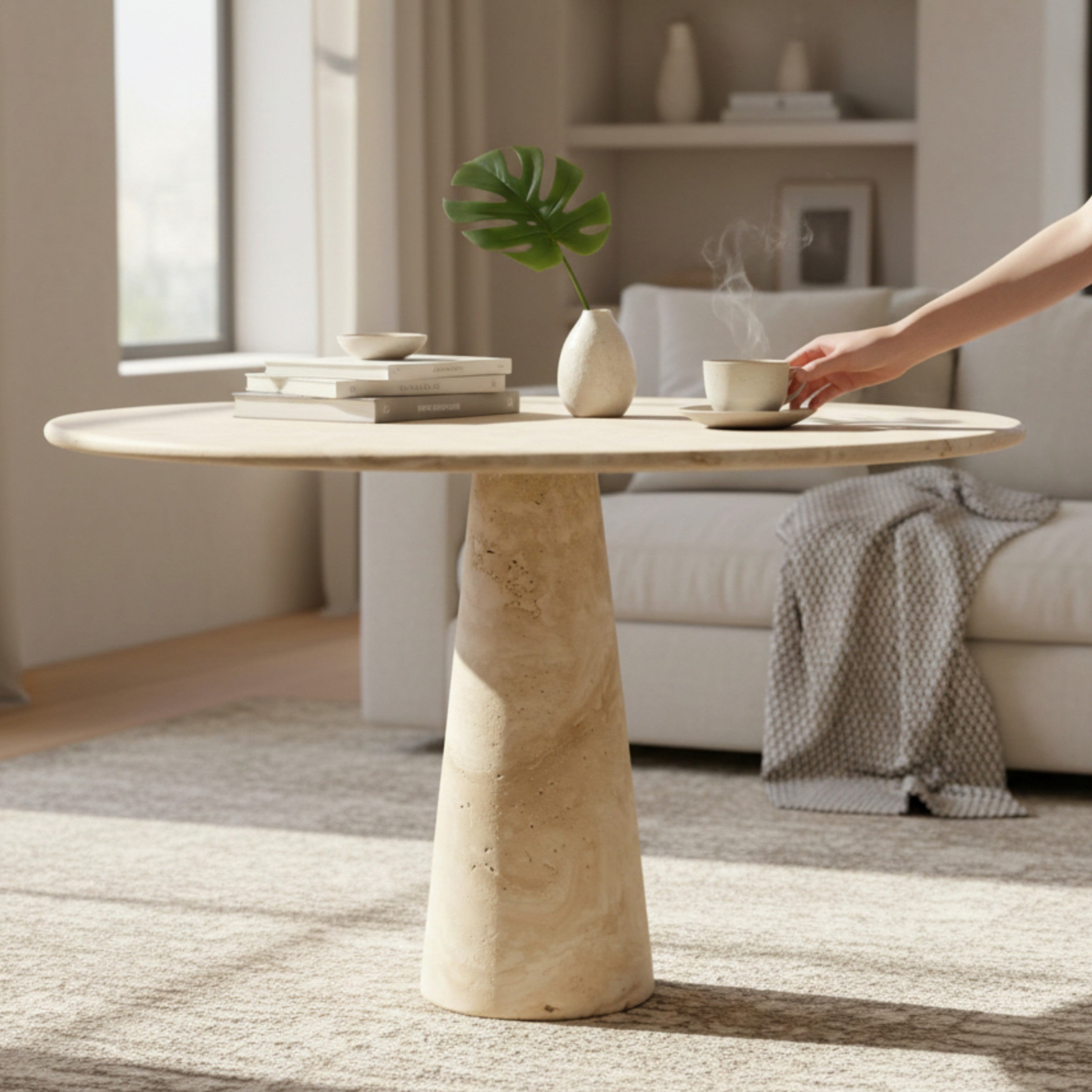 Round Beige Travertine Dining Table – Sculptural Pedestal Base, Minimalist Luxury Stone Table