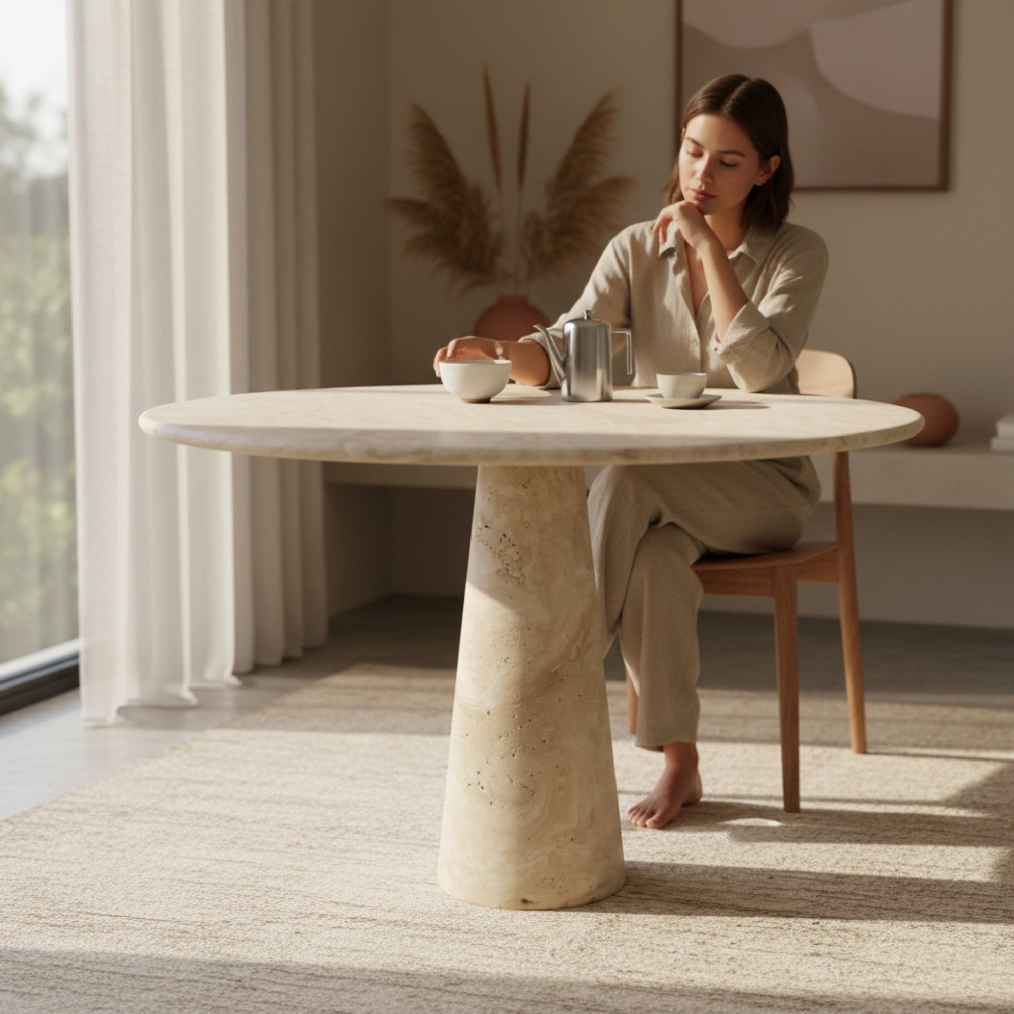 Round Beige Travertine Dining Table – Sculptural Pedestal Base, Minimalist Luxury Stone Table