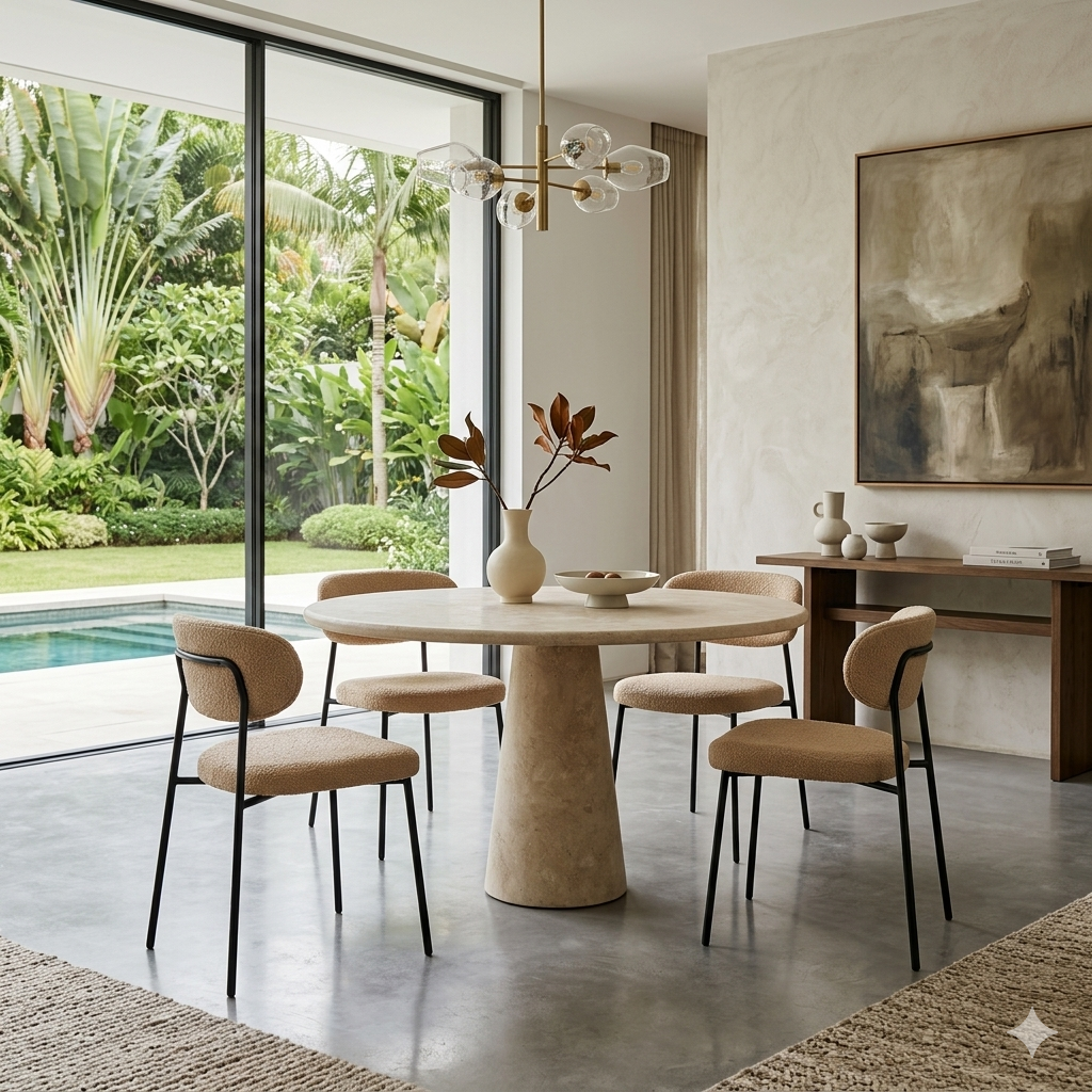 Round Beige Travertine Dining Table – Sculptural Pedestal Base, Minimalist Luxury Stone Table