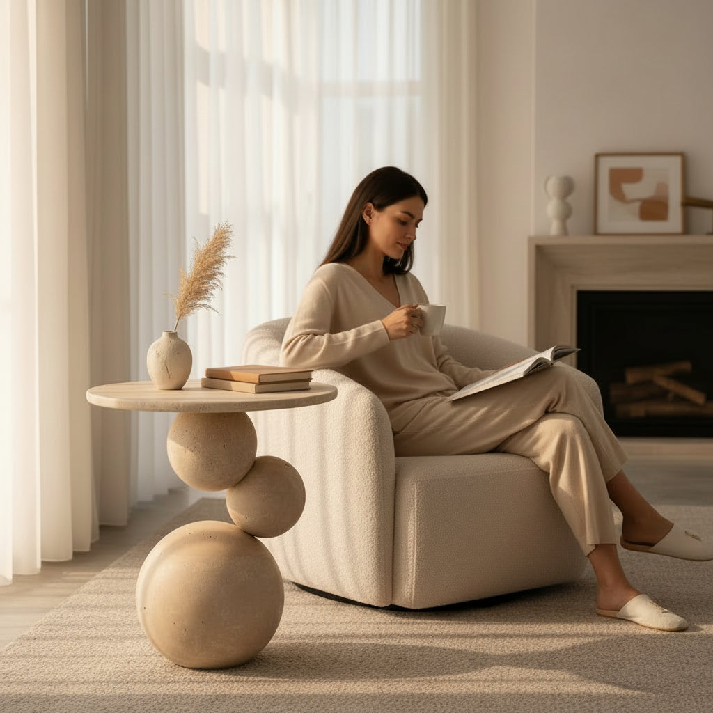 Travertine Sphere Side Table – Handmade Stone Accent Table, Modern Sculptural End Table